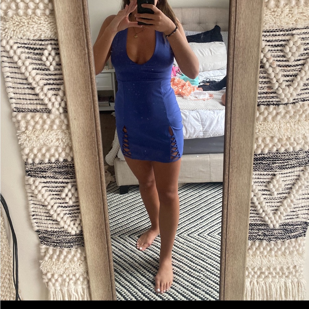 Blue, deep v, mini dress. Body con